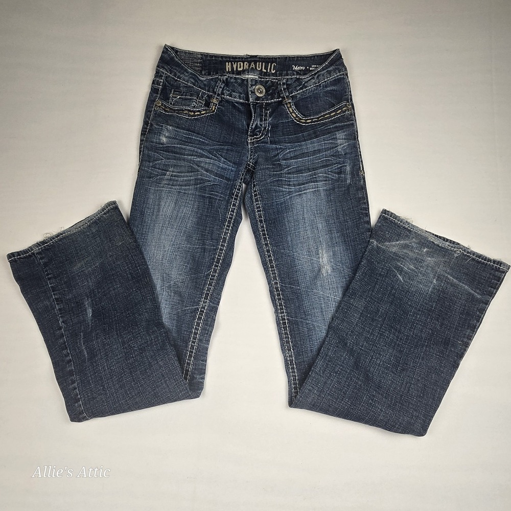 Womens Juniors Jeans Hydraulic Low Rise Metro Y2K Distressed Flare Bootcut 7/8